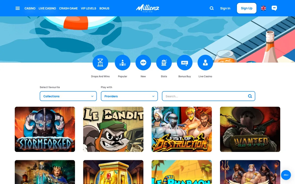 Lobby machines à sous Millionz Casino — plus de 6 500 jeux et providers Pragmatic Play, Play’n GO, Hacksaw, capture juillet 2026